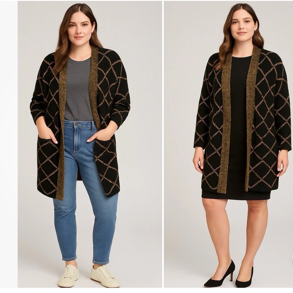 Chelsea &Theodore Plus Size 2X Women Open Front Cardigan Sweater Diamond Pat NWT